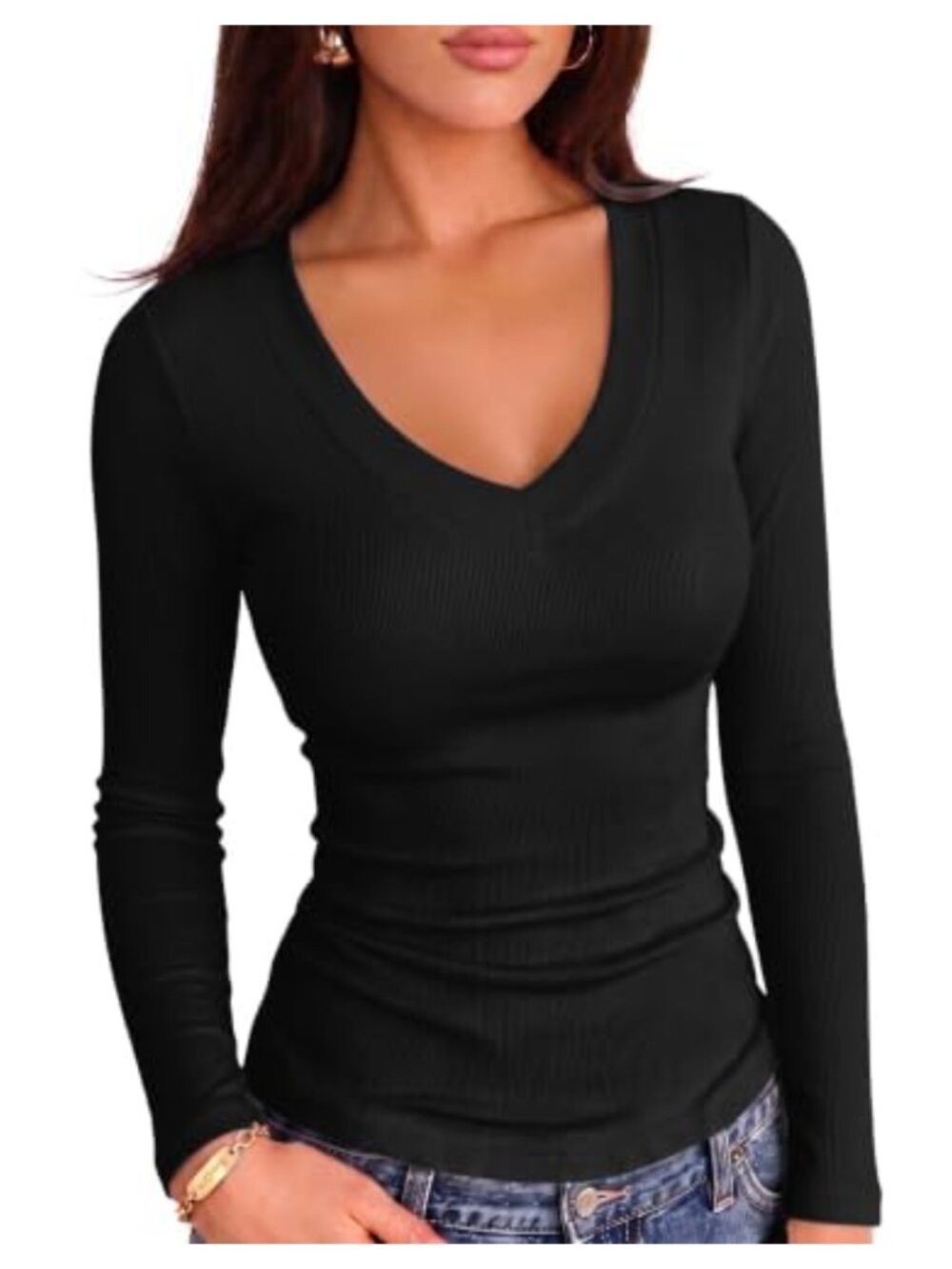 V Neck Ribbed Knit Long Sleeve Slim Fitted Top